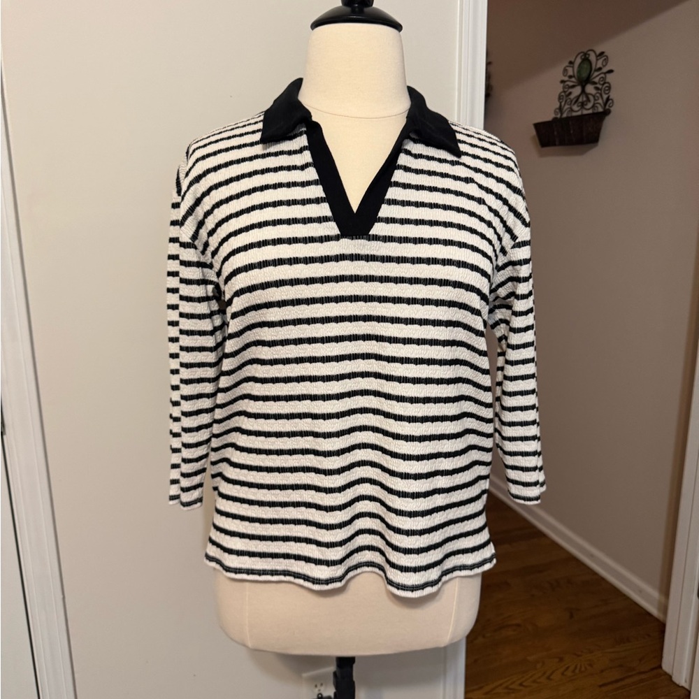 Cato Striped V-Neck top in Black and White